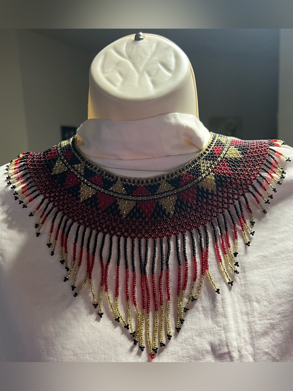 Hand-Beaded Fringe Collar Necklace in Red, Black & Gold